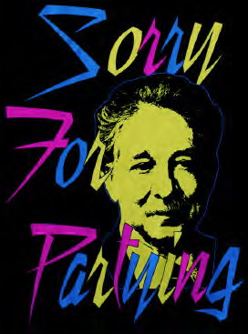 Image featuring a man's face and the words "Sorry for Partying" in yellow, blue, and pink.