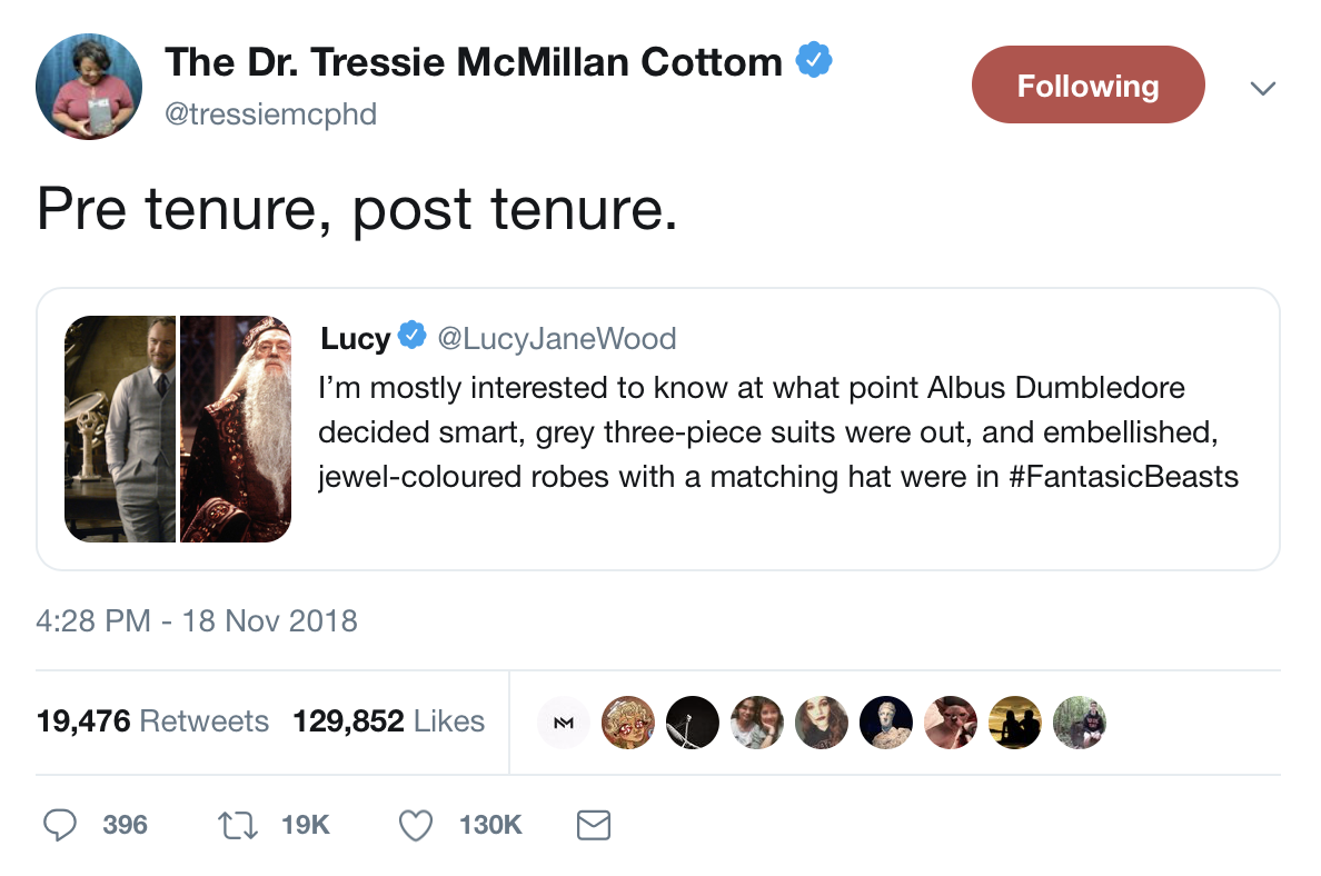  @lucyjanewood on Twitter writes, “I’m mostly interested to know at what point Albus Dumbledore decided smart, grey three-piece suits were out, and embellished, jewel-coloured robes with a matching hat were in #FantasticBeasts” @tressiemcphd responds, “Pre tenure, post tenure.” 
