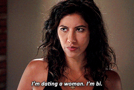  An animated gif of Rosa, from  Brooklyn Nine-Nine,  saying “I’m dating a woman. I’m bi.” 