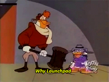  An animated gif from the cartoon  Darkwing Duck , in which Darkwing (evidently having just been smacked with a hammer by Launchpad) says “Why Launchpad, that’s not like you at all!” before he falls over stunned. 