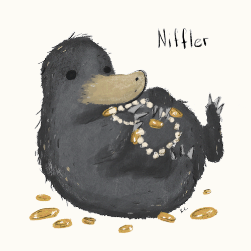  An animated gif of a Niffler, from  Fantastic Beasts and Where to Find Them , holding sparkling gold coins and a pearl necklace. 