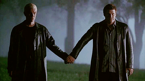  An animated gif: Angel and Spike hold hands. 
