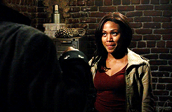  An animated gif of Abbie Mills and Ichabod Crane, from  Sleepy Hollow , fistbumping. 