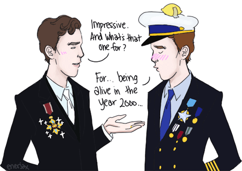  A gif of fan art for  Cabin Pressure : “Impressive. And what’s that one for?” “For… being alive in the year 2000…” 