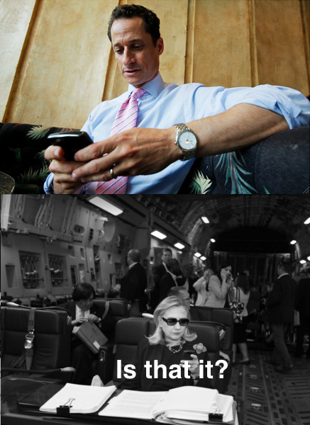  A meme. In the first panel, Anthony Weiner texts what we assume are dick pics to Hillary. In the second panel, Hillary (looking unimpressed) texts back: “Is that it?” 