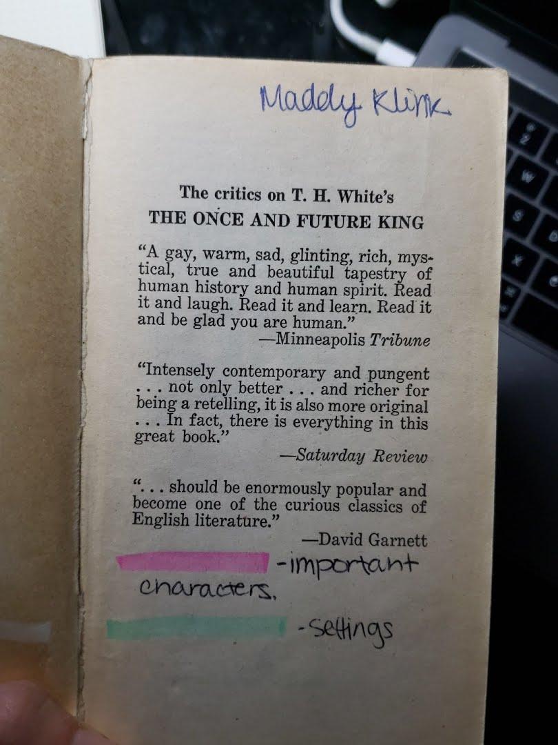  A front page of TH White’s The Once and Future King. Little Flourish has marked it up. 