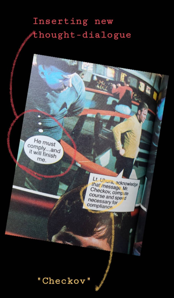  An image of the Star Trek fotonovel for  Amok Time  highlighting a misspelling (“Checkov” for “Chekov”) and the fact that they’ve added thought-dialogue. 
