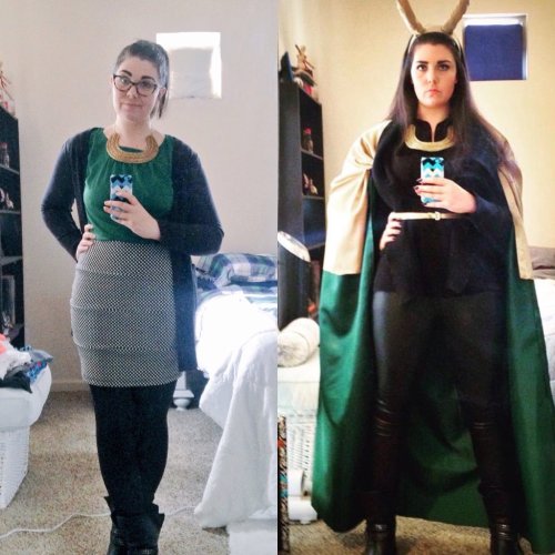  Two images of SheneeRachelle, cosplaying Loki. On the left, she wears glasses and a business-appropriate outfit in Loki’s colors and featuring a cape-like cardigan, with a statement necklace in the shape of a golden torque. On the right, she wears full cosplay, using the same golden torque but now wearing horns and a gold-and-green cape. 