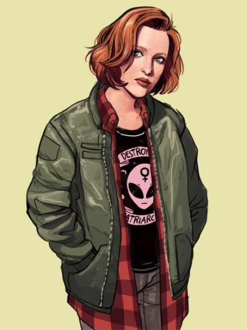  Fan art of Scully from  The X-files  as a grunge teen, wearing a green military jacket, red flannel, and a black t-shirt bearing, in pink, the design of an alien with a female symbol on its forehead and the words “Destroy Patriarchy.” 