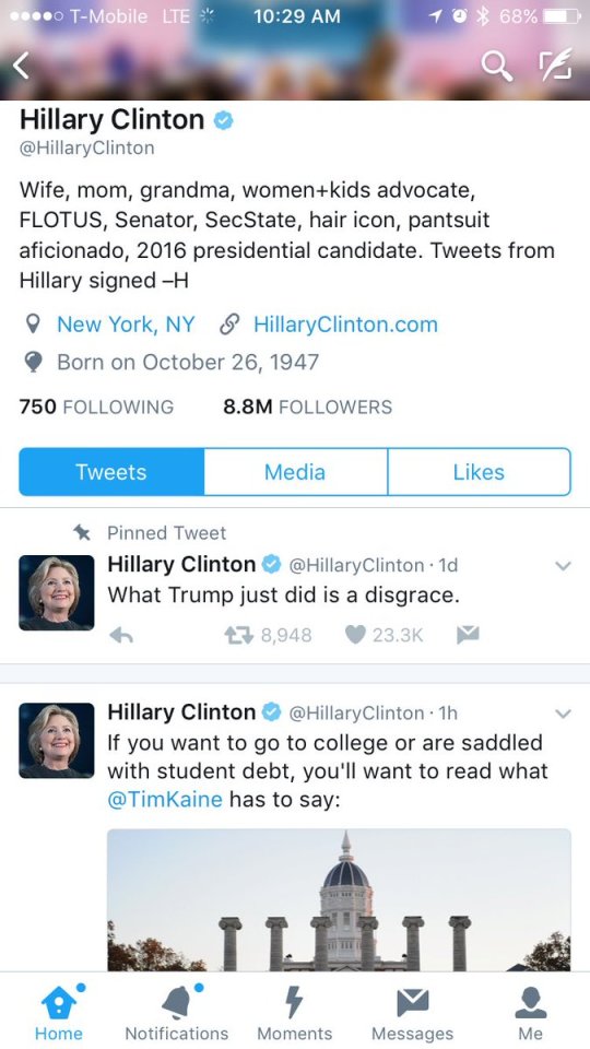 Hillary Clinton’s Twitter profile, with a pinned Tweet reading “What Trump just did is a disgrace.” 