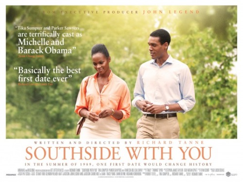  The poster for  Southside With You , featuring Tika Sumpter as Michelle Obama and Parker Sawyers as Barack Obama. They are walking in a green space. 
