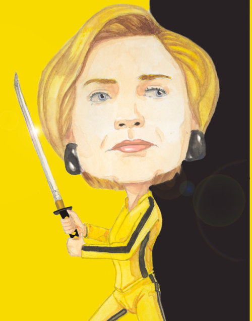  Hillary Clinton in the yellow tracksuit and carrying the samurai sword of The Bride, from  Kill Bill . 