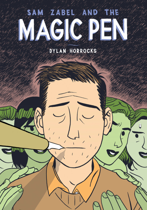  The cover of  Sam Zabel and the Magic Pen  by Dylan Horrocks. A pen draws a man in collared shirt and sweater, who is mobbed by (possibly nude) green women. 
