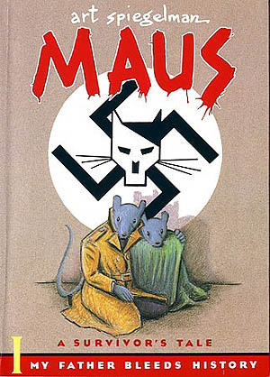  The cover of  Maus , by Art Spiegelman. Two mice kneel under a swastika with a cat’s head superimposed on the swastika’s center. 