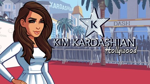  A promo image for Kim Kardashian: Hollywood. Cartoon Kim stands on a red carpet. You can see a KARDASHIAN sign in the distance. 
