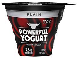  A black and red container of yogurt with the silhouette of a bull’s head and the words POWERFUL YOGURT. 