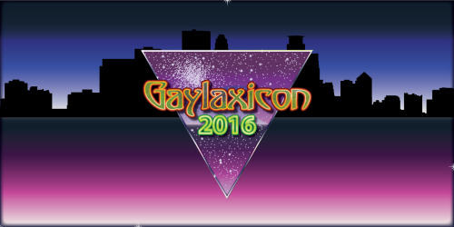  The Gaylaxicon 2016 logo, a purple inverted triangle, over an image of a cityscape. 