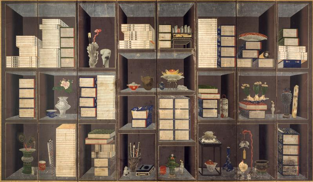 Chaekgeori painting featuring an array of brown shelves, some containing stacked books, others containing art objects, vases, pens, and more.
