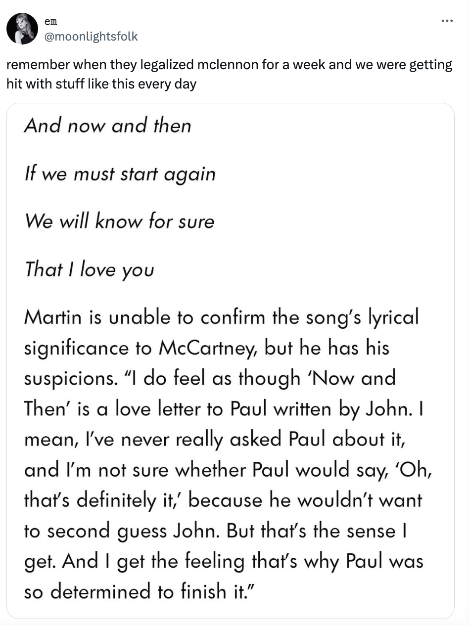 Screenshot of a tweet featuring a passage on Lennon and McCartney