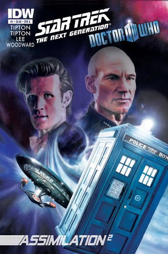 Cover for a Doctor Who/TNG crossover with the Eleventh Doctor, Captain Picard, the Enterprise, and the TARDIS