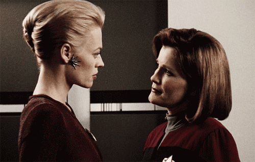 Animated gif of Seven of Nine and Captain Janeway gazing at each other