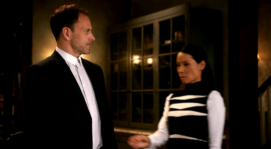 Animated gif from Elementary of Joan hugging Sherlock.