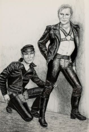 Scanned black and white fanart of Kirk and Spock in leather gear, with Spock kneeling behind Kirk, a hand around the back of Kirk's knee.