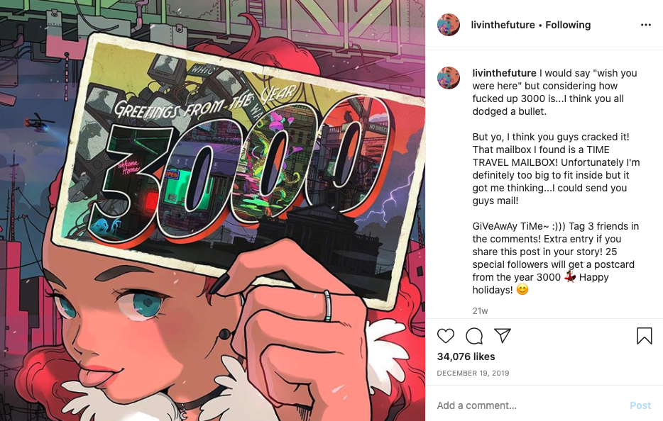  An Instagram post from @livinthefuture in which she holds up a postcard from the year 3000. 