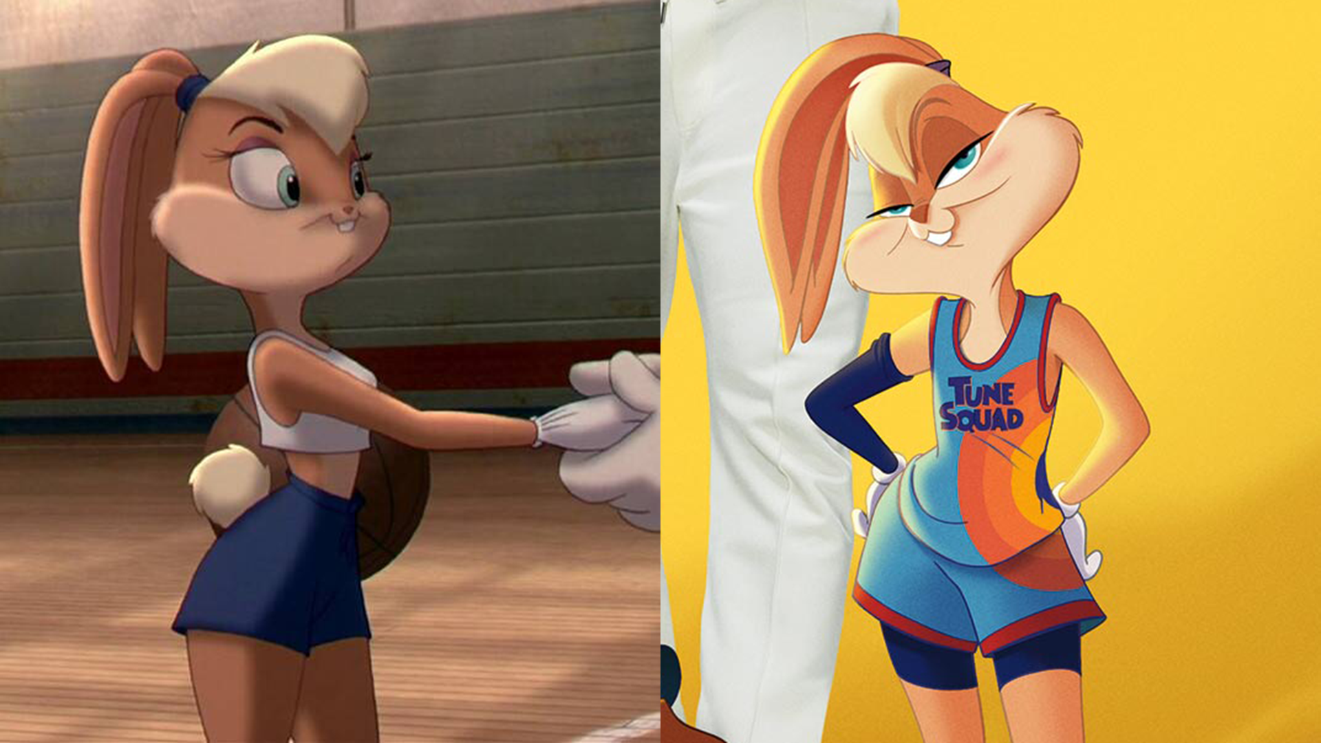  On the left, in the original Space Jam, Lola is very sexualized. She’s less sexualized in the recent  Space Jam  movie. 