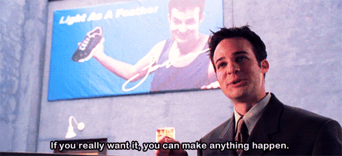 Animated gif of Jonathan from the Buffy episode "Superstar," with the caption "If you really want it, you can make anything happen."
