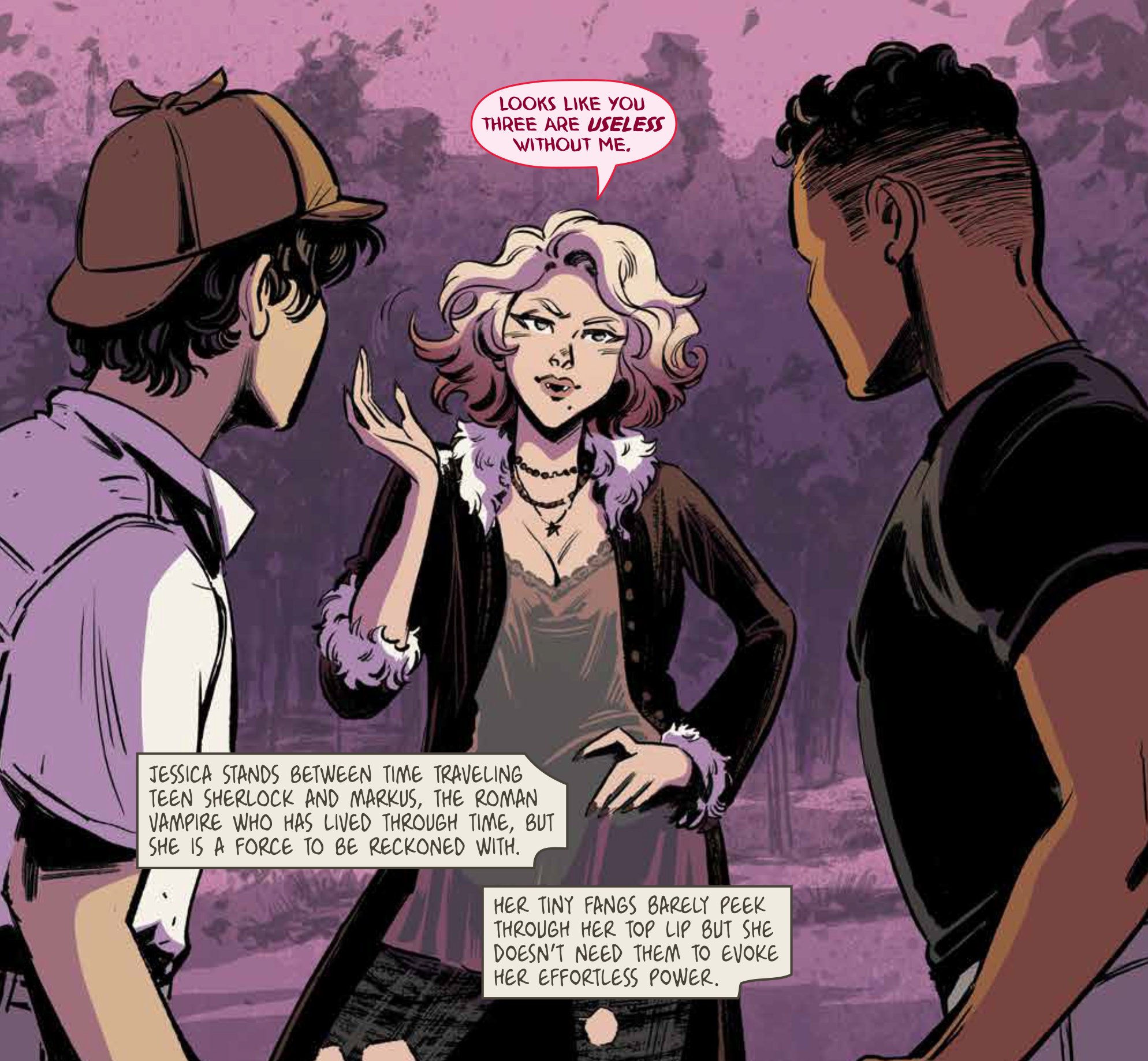 Panel featuring Jessica the Mary Sue vampire talking to Sherlock and Markus.