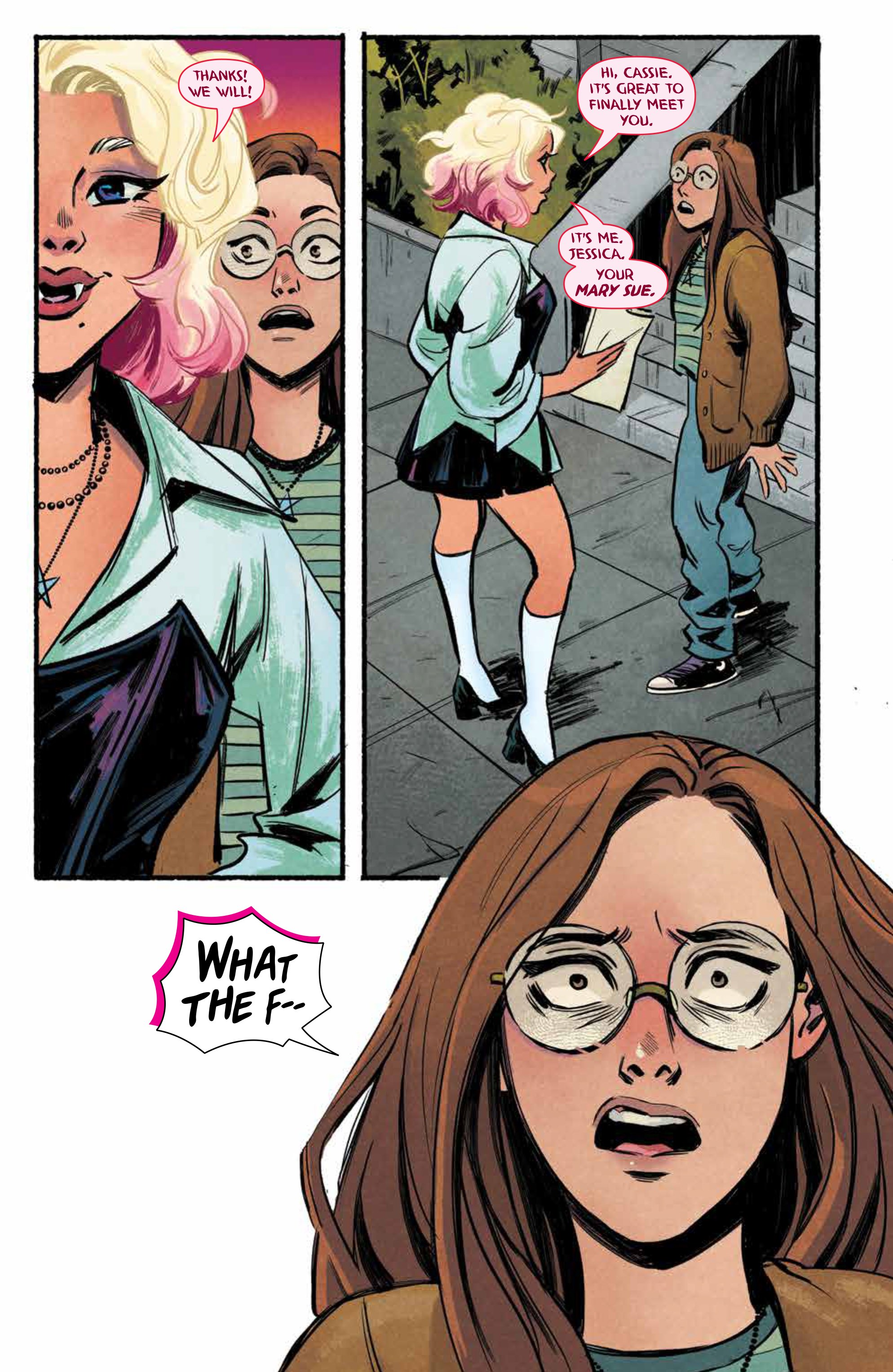 Page from the comic featuring two panels with Jessica and Cassie, and then a large close-up of Cassie's face with the caption, "What the f--"