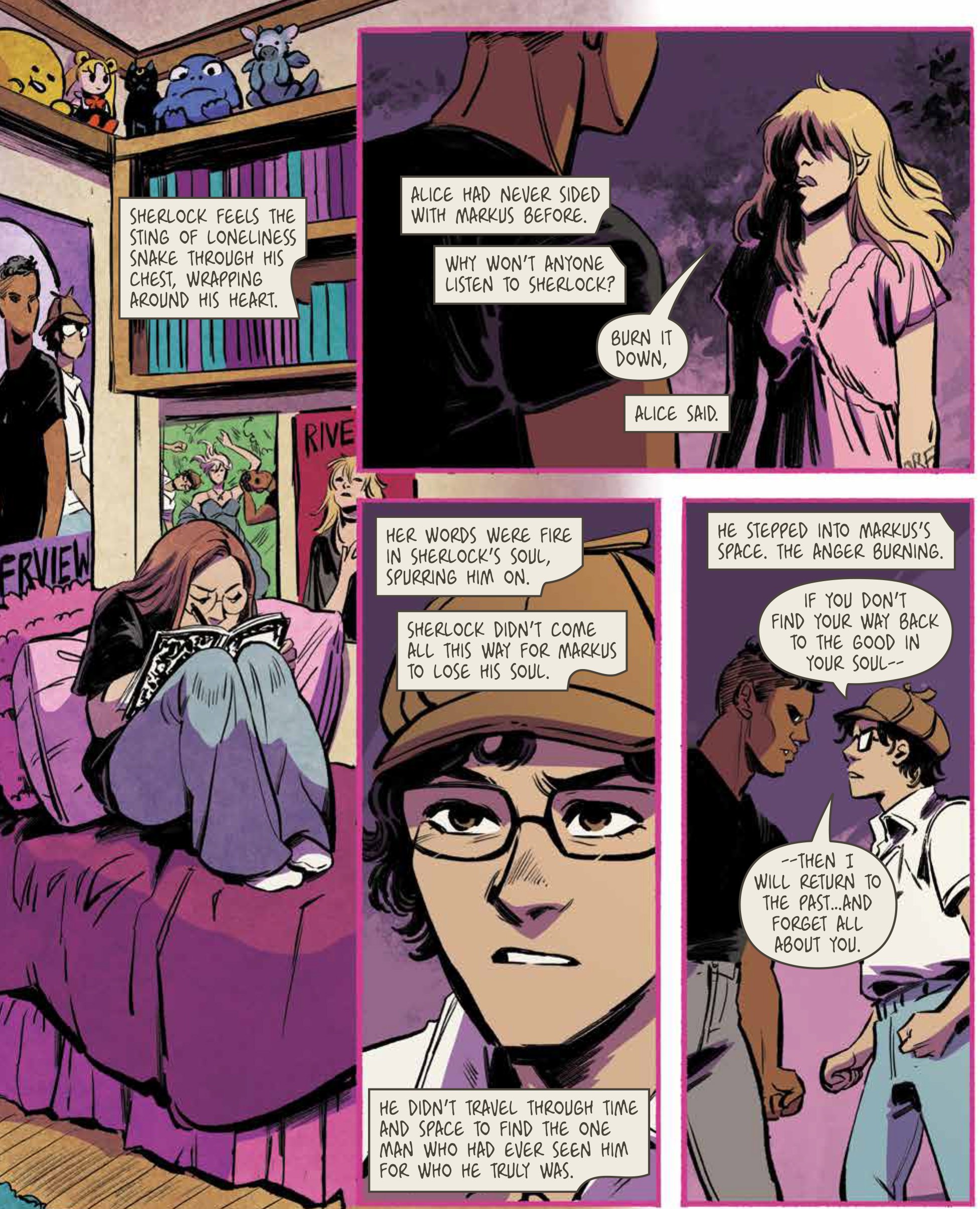 A four-panel page from the comic featuring the text from Cassie's fic. Running down the side, Cassie scribbles in her notebook. In the "in-universe" panels, we see Markus talking to Alice, a close-up of Sherlock, and Markus talking to Sherlock.