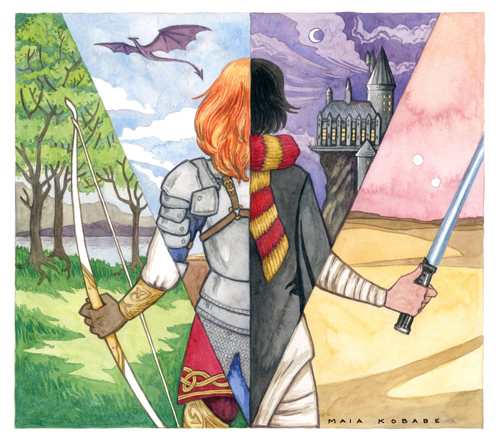 Back of a figure split into four quadrants: a fantasy setting with a bow, a fantasy section with armor and a dragon, a setting with Hogwarts castle, and a scif setting with a lightsaber.