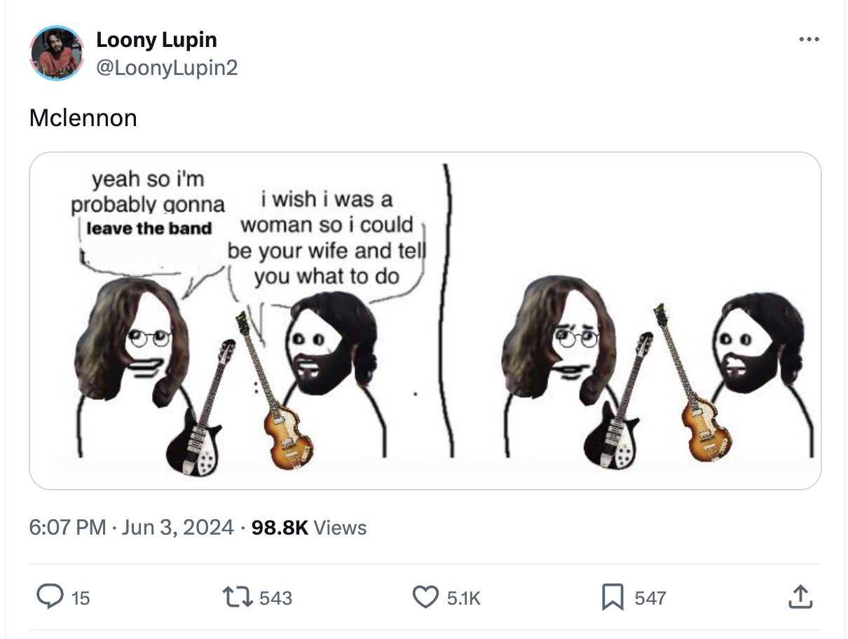 Screenshot of a tweet titled McLennon featuring two rough drawings of Lennon and McCartney