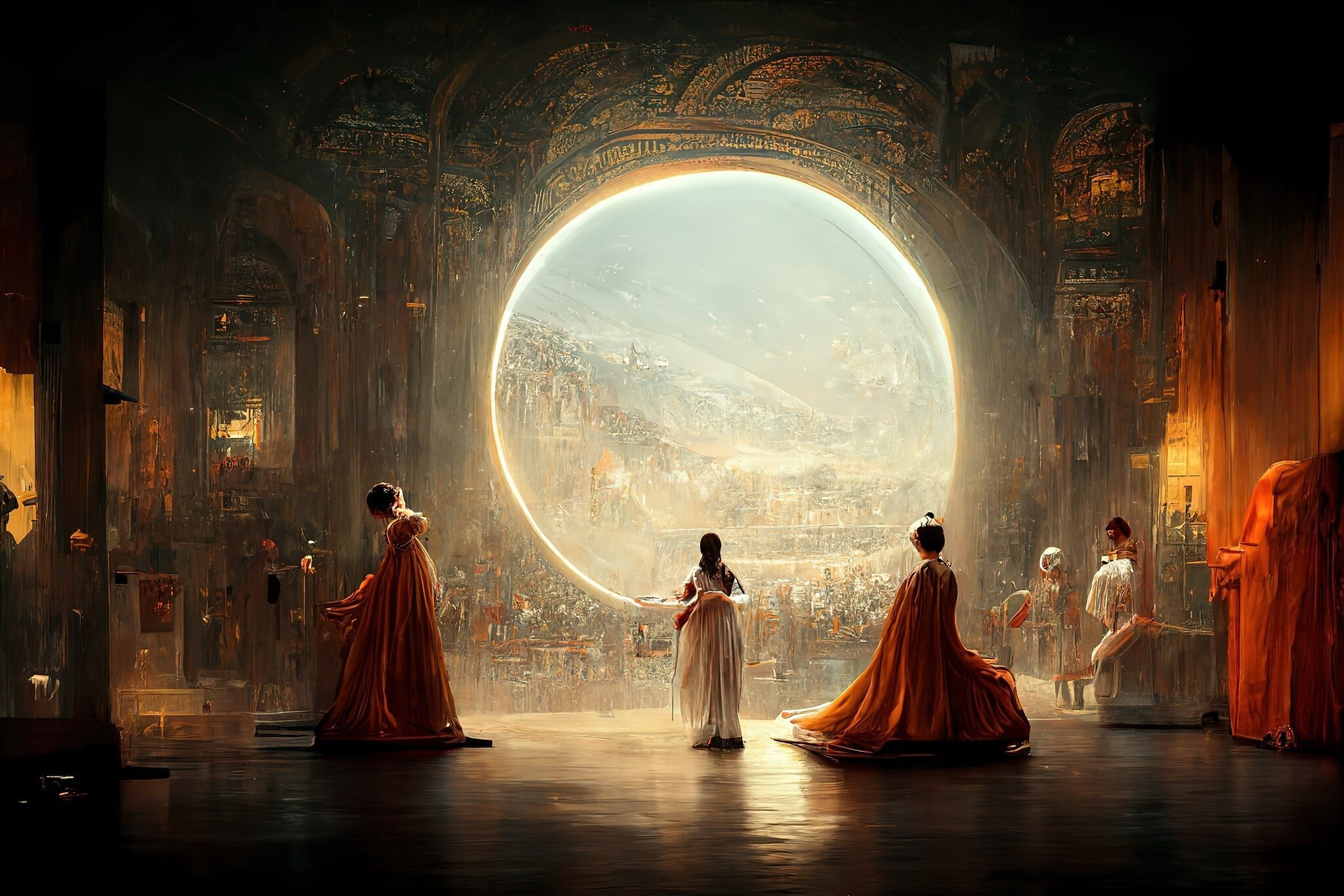 Image of a sort of large, court-like room with a massive circular window in the center. Figures in long gowns stand in various poses.