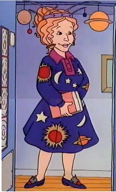 Drawing of Ms Frizzle wearing a dress with planets, moons, and stars and a three-dimensional headpiece featuring a model of the solar system