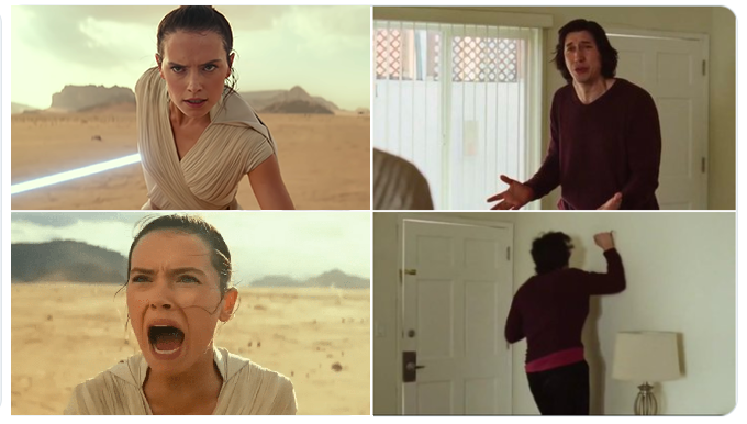 The four images of the "Marriage Story" meme: two on left are Daisy Ridley from Star Wars, two on right are Adam Driver from the original film.