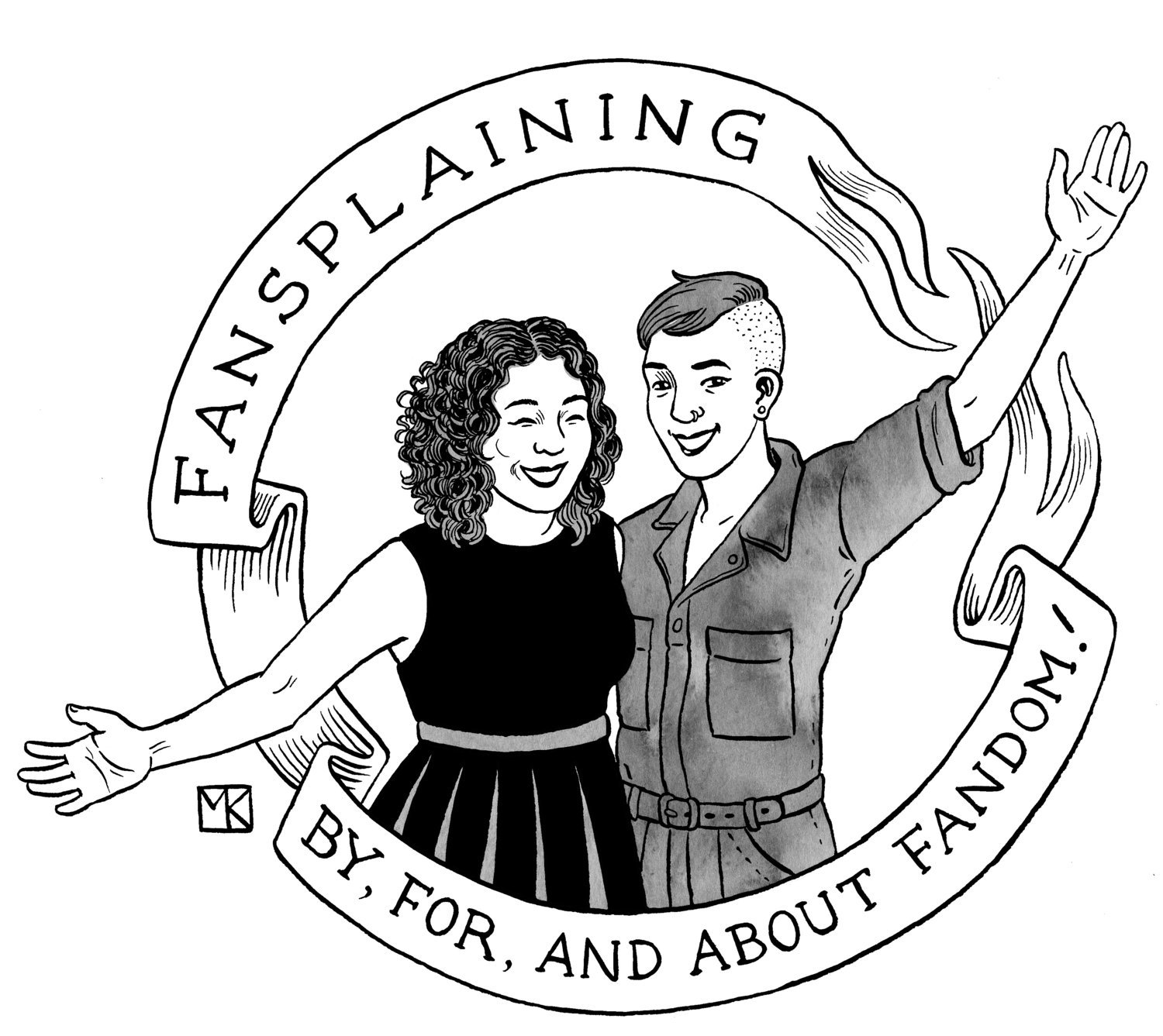 Drawing of Elizabeth and Flourish surrounded by banners that read "Fansplaining" and "By, for, and about fandom"