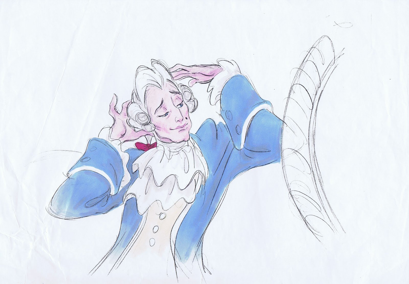 Concept art from Beauty and the Beast featuring an early drawing of Gaston as 18th century nobleman, preening and adjusting his wig while looking in a mirror.