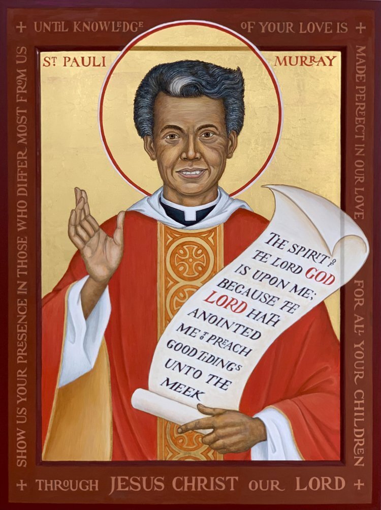 Image of Pauli Murray in black, white, red, and gold clerical garb. One hand is in the air and the other holds a scroll.