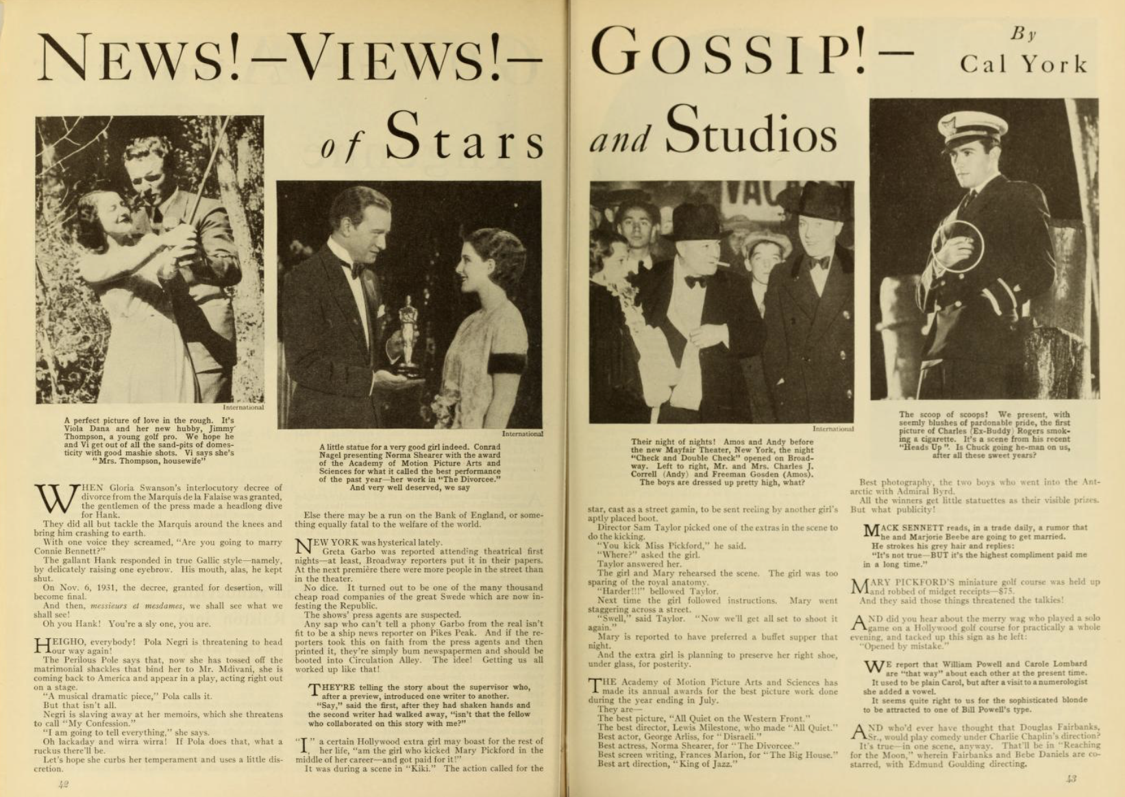 Scan of a spread from Photoplay, feat. 4 black and white images of 30s starts on top, and 4 columns of type in the bottom half. The large headline at the top of the spread reads: News! — Views! — Gossip! — of Stars and Studios By Cal York