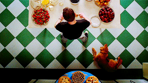 Animated gif of an overhead shot of Ned from Pushing Daisies rolling dough, his dog on the checkered green and white floor by his feet.