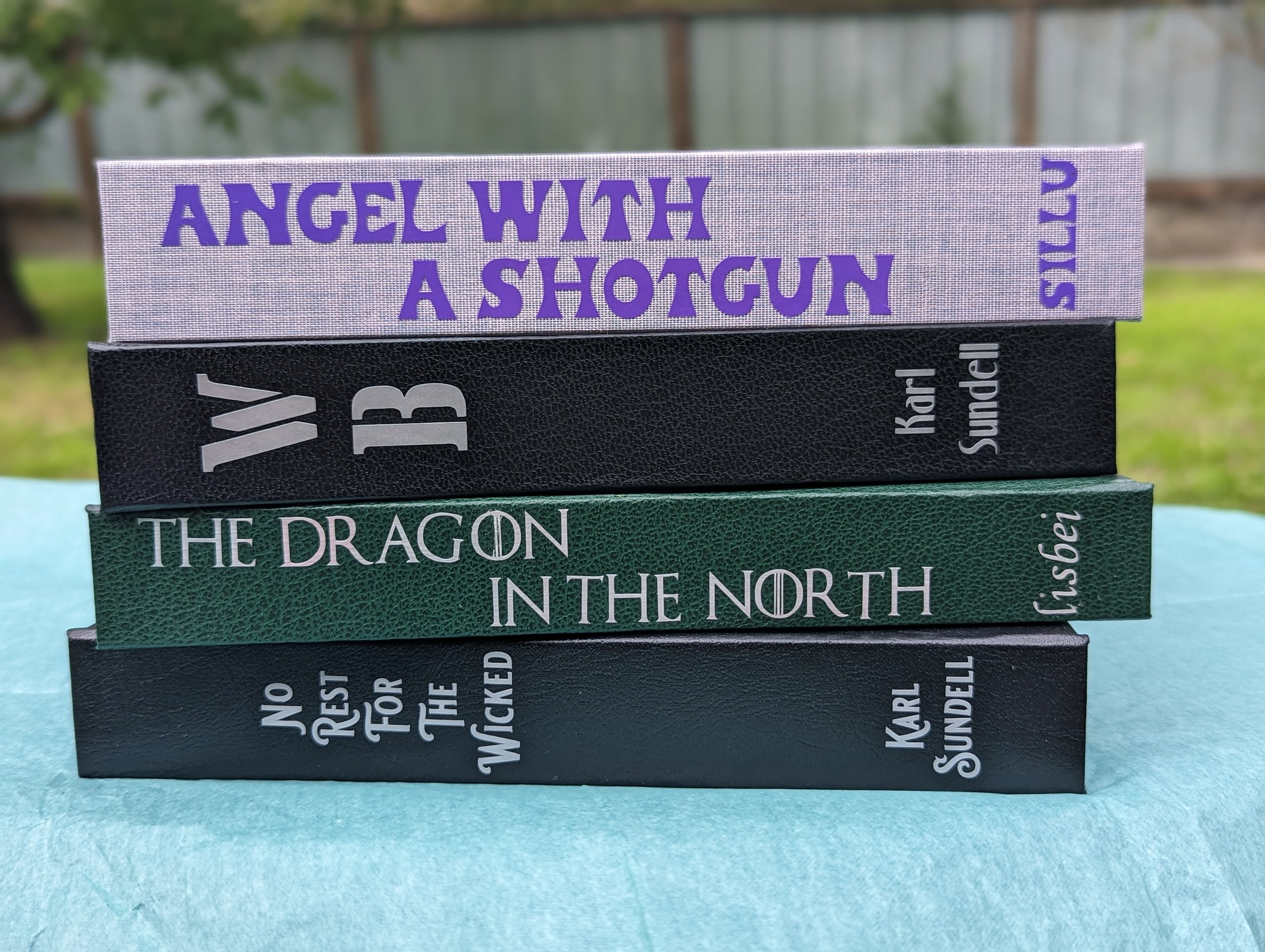 A stack of books with titles from top to bottom: Angel With a Shotgun, WB, The Dragon in the North, and No Rest for the Wicked.