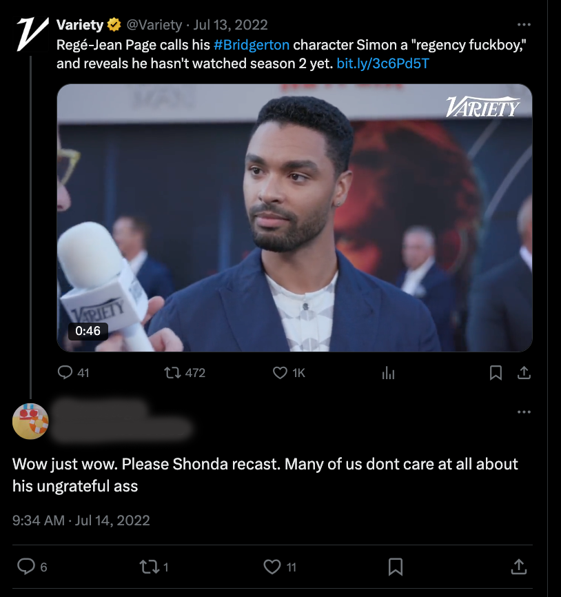 Variety tweet about RJP calling his character a "regency fuckboy" and a reply reading "Wow just wow. Please Shonda recast.  Many of us dont care at all about his ungrateful ass."