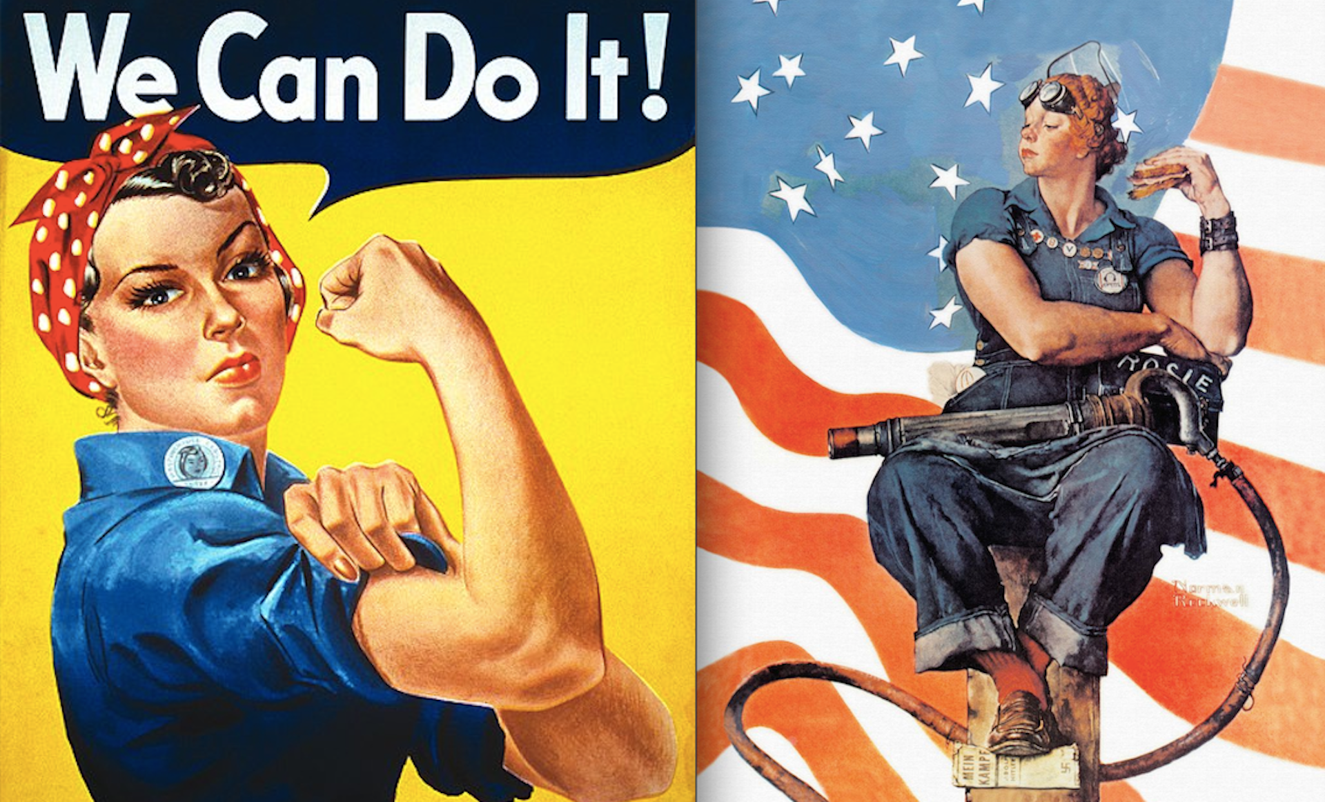 Side by side images of the two Rosie the Riveter paintings in question.