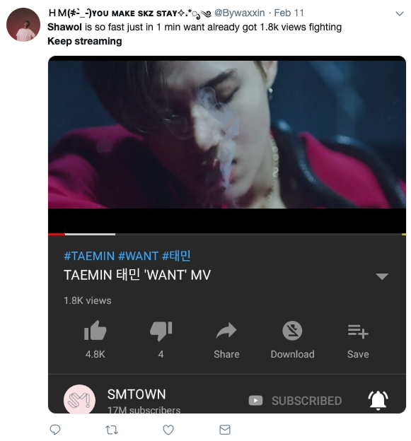  @Bywaxxin tweets: “Shawol is so fast just in 1 min want already got 1.8k views fighting Keep streaming” 