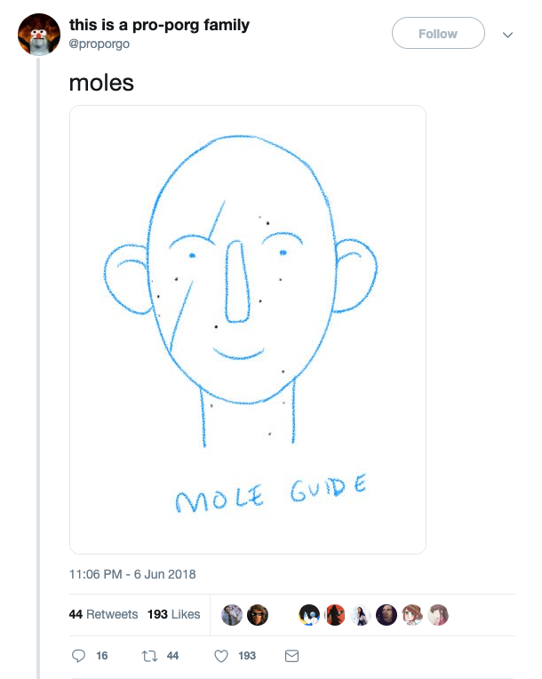  @proporgo tweets “moles” and a cartoon of Kylo Ren’s face, with moles highlighted. 