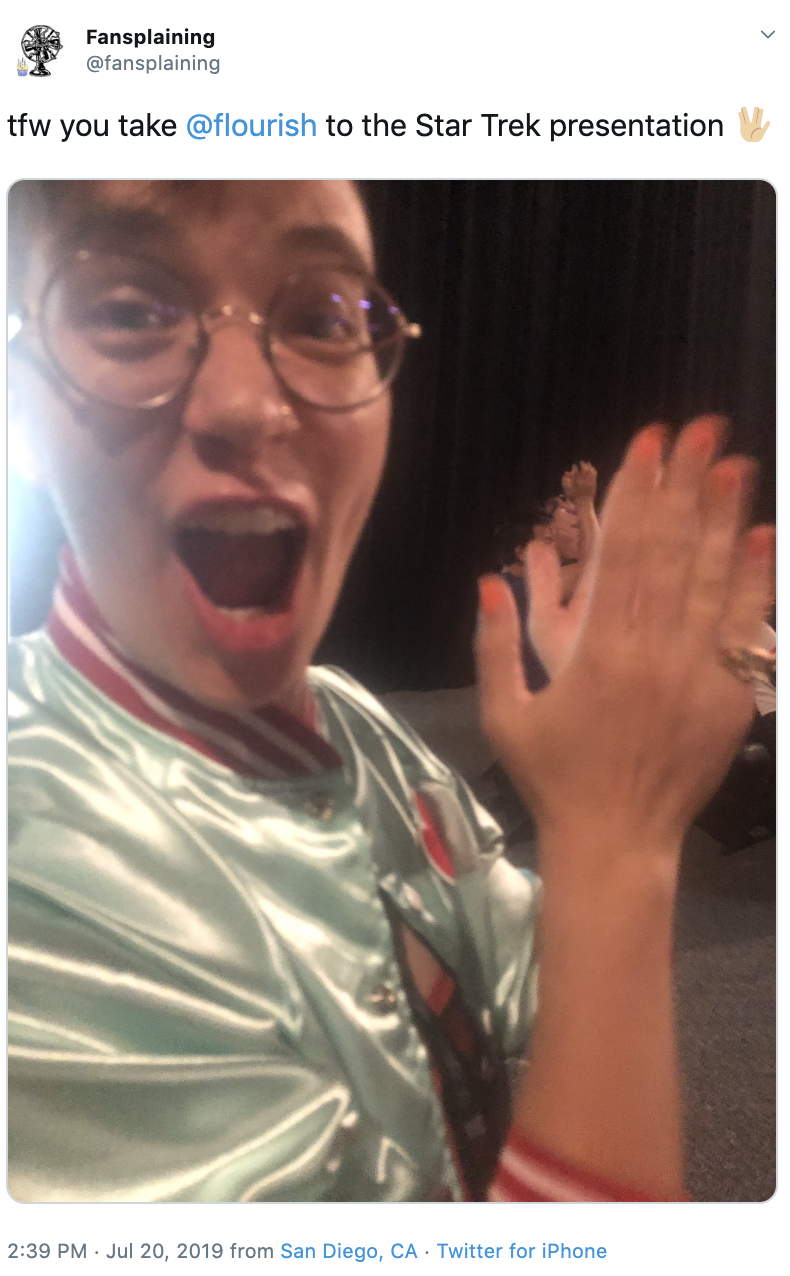  A tweet reading “tfw you take @flourish to the Star Trek presentation 🖖🏻” with a photograph of Flourish ecstatically clapping. 