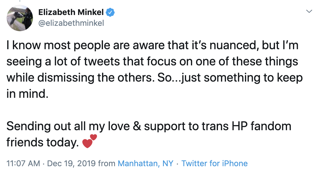  Elizabeth tweets: “I know most people are aware that it’s nuanced, but I’m seeing a lot of tweets that focus on one of these things while dismissing the others. So…just something to keep in mind. Sending out all my love & support to trans HP fandom friends today. 💕” 